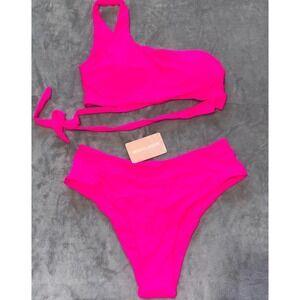 Mooslover One Shoulder Swimsuit Bikini Set‎ Womens Large Neon Pink High Waisted